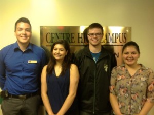 Centre High FNMI Liasion Naim Cardinal with 2014 graduating students (l-r) Cheri Ashley, Kailan Benoit and Page Larondelle          Photo and story by John Copley 