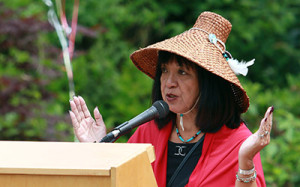 Chief Rhonda Larrabee of the Qayqayt First Nation provides a welcome at JIBC's National Aboriginal Day celebration