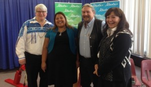 At the launch of Alberta Moose Hide Campaign: (L-R) Associate Minister of Aboriginal Relations, MLA David Dorward, Koren Lightening Earle, Merle White President of the ANFCA, and Grace Auger. Koren and Grace sit on the First Nation Women's Economic Security Council.