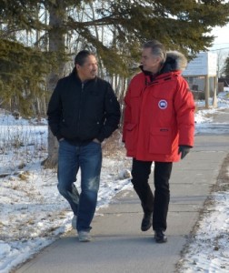 Premier Jim Prentice and Chief Allan Adam of the Athabasca Chipewyan First Nation after meeting in Fort Chipewyan last month.  Photo by Chris Schwarz, Government of Alberta;  Article by John Copley 