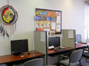 Five computer stations are available for job seekers preparing resumes and application forms.