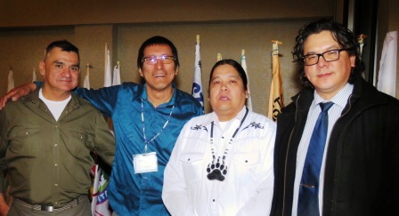 MC Victor Horseman (l) with Keynote Speaker Richard Wagamese, Little Red River Cree Chief Leslie Laboucan and Kaia Lamothe, the Manager of the Treaty 8 First Nations Student Success Program.  Article and photos by John Copley 