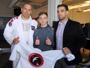 (l-r)Jiu Jitsa fighters Alexander Pekez and Huthayfah Pennay are joined by Fight Sports Canada Director Paulo Azambuja 