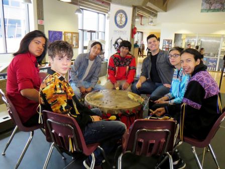 Amiskwaciy Drummers (l-r) Byron O'Neil, Raven Kootenay, Merrick Halfe, Brandon Sanderson, Seth Dubois, Christopher Jebeaux and Austin Crane  