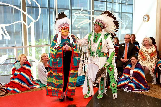 Bow Valley College President and CEO Sharon Carry was honoured to receive a Blackfoot name and other blessings to recognize her outstanding contribution to lifelong learning for Aboriginal students. (Photo supplied)
