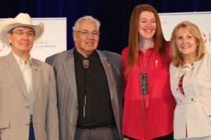 TRC Commissioners Chief Wilton Littlechild,  Justice  Murray Sinclair and Dr. Marie Wilson with Olympian speed-skater and Honourary Witness Clara Hughs