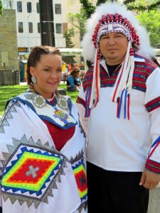 Papaschase Chief Calvin Bruno and dancer Sheena Papin (Enoch) prepare to participate in Churchill Square's NAD 2015 event. 