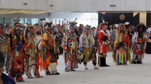 Flag and staff carriers were recognized during recent pow wow at Commonwealth Recreation Centre 