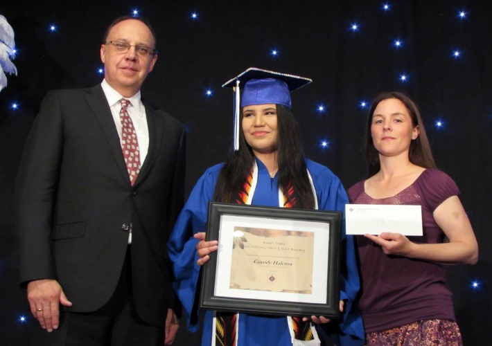 Principal Simon Pryma, Cidy Halcrow, Recipient of the Bob Steele Award and Braided Journeys Graduation Coach Elyse Wood.