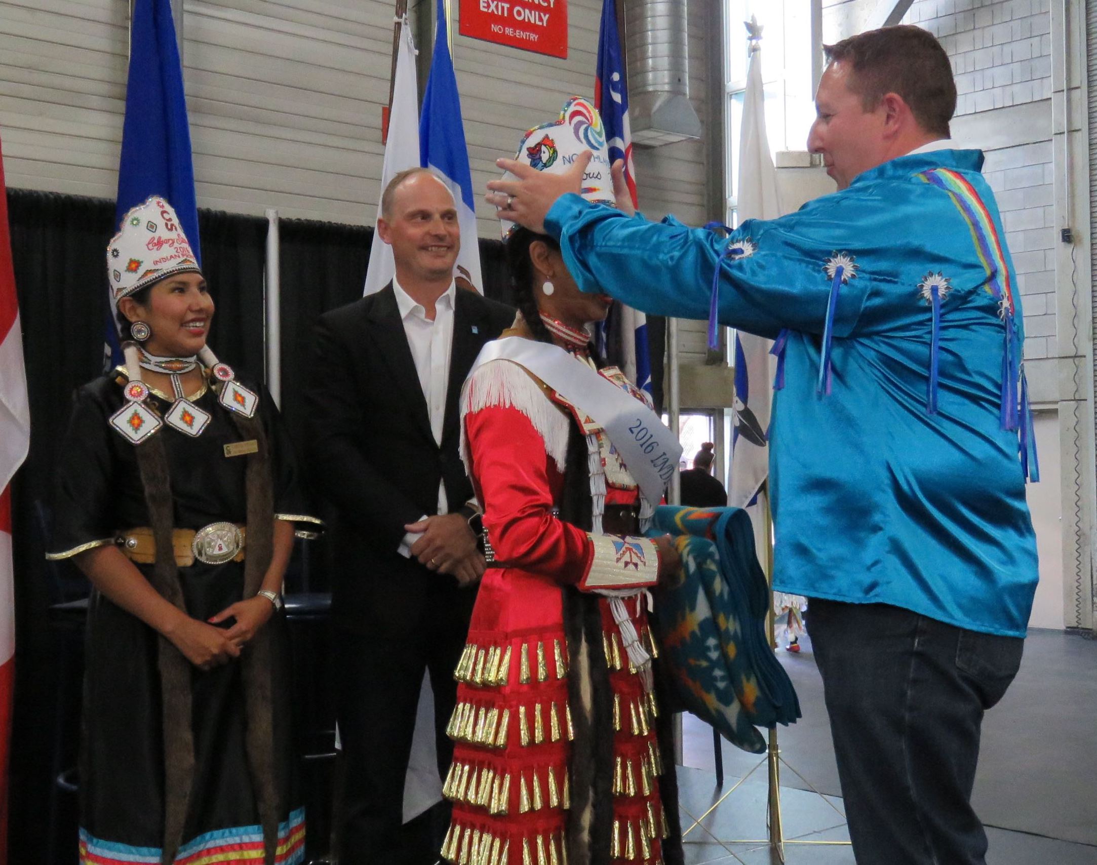 Northlands Preident andw CEO Tim Reid places the crown on the head of the first Indigenous Princess Pageant winner, Britney Pastion during the final afternoon of K-Days 2016.