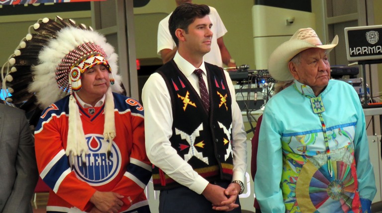 Artist Alex Janvier with Edmonton Mayor Don Iveson and Treaty 6 Grand Chief Randy Ermineskin