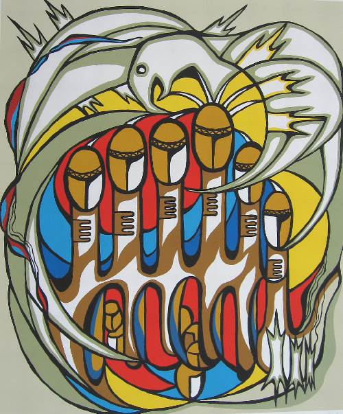 Thunderbird of Courage (1977) By Daphne Odjig was part of an exhibit at the Art Gallery of Alberta entitled 7: Professional Native Indian Artist Inc. that was held from March - July 2016. 