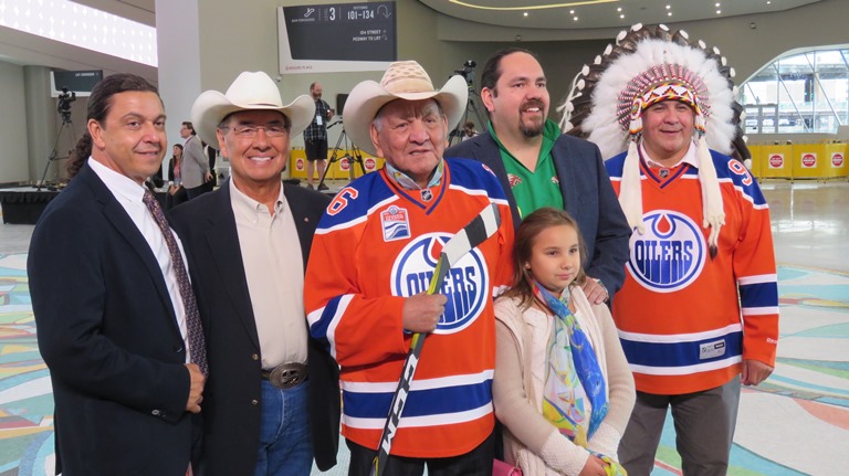 Guy Friedman , Willie Littlechilld, Alex Janvier, Dean Janvier and daughter, and Treaty 6 Grand Chief RAndy Ermineskin