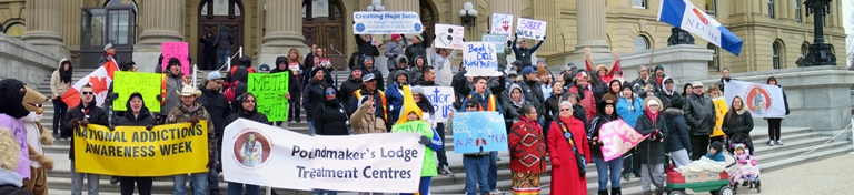 Poundmaker's 2016 Sober Walk participants marched from Canada Place to the steps of the Alberta Legislature. Photo by John Copley 