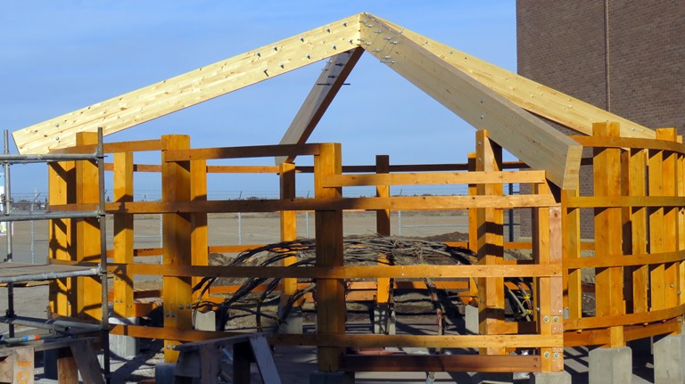 The Amiskwaiy Traditional Sweat Lodge with the roof in place.