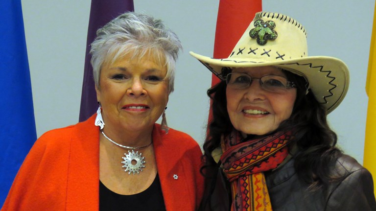 Indspire CEO Roberta Jamieson with Indspire Laureate and IAAW founder Muriel Stanley-Venne. 