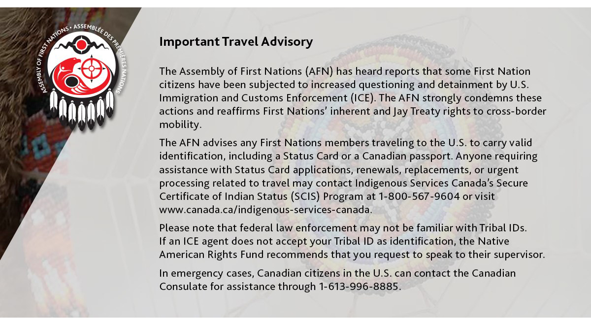 AFN Issues Advisory Warning for First Nations Travelling to the United States